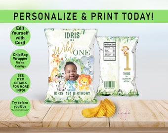 Wild ONE Chip Bag, Wild One birthday Chip Bag Wrapper, Safari Chip, Safari Birthday Chip, First Birthday, Editable Safari Chip Bag Photo,W05