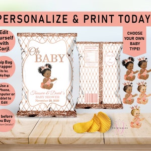 Printable Chip Bags, Rose Gold Glitter Princess EDITABLE Chip Bag,Baby Shower,Chip bag Wrapper,Oh Baby,Girl, African American, A05