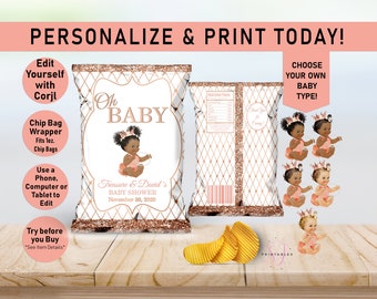 Printable Chip Bags, Rose Gold Glitter Princess EDITABLE Chip Bag,Baby Shower,Chip bag Wrapper,Oh Baby,Girl, African American, A05