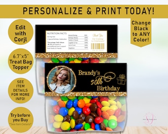Birthday Gold Glitter and ANY COLOR treat Bag Toppers, Treat Topper, Editable, Birthday Party favor, Birthday  Bag label, treat bag, B26