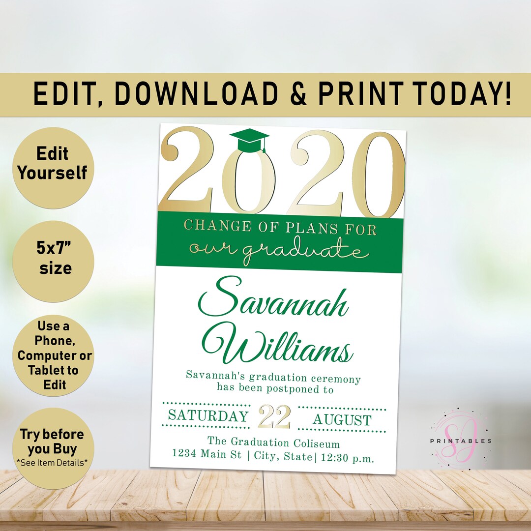 Postponed Green Gold Graduation Announcement Card Template Etsy