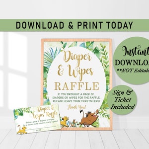 May include: A framed sign with the text "Diaper & Wipes Raffle" in gold lettering, surrounded by tropical foliage. Includes a matching ticket and a green circle with "Instant Download" text. The words "Download & Print Today" are at the top.