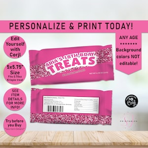 Rice Krispies TREAT labels, Pink on Pink Glitter ANY AGE Birthday Rice Krispie Treats wrapper, Treat Favor, Sparkle, Glam, Teen, Tween, B30