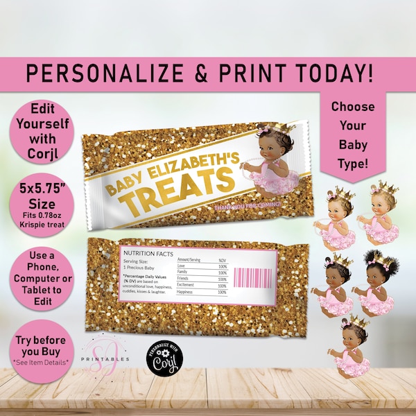 Pink and Gold Princess Baby Shower Rice Krispie Treat Wrapper, Rice Krispies, Girl, Rice Krispy Label, Favors, Labels, Party Snacks, A01