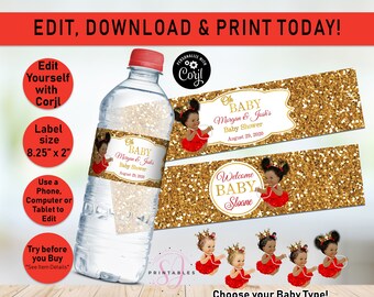 Oh Baby RED and GOLD Princess EDITABLE Baby Shower Water Bottle Labels, Girl baby shower, Water Labels, Glitter, Printable, Afro Puffs, A04