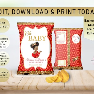 Princess EDITABLE Chip Bag, Baby Shower, Chip bag Wrapper, Baby Shower Favor, Oh Baby, Red, Gold, Afro Puffs, Girl, African American A04