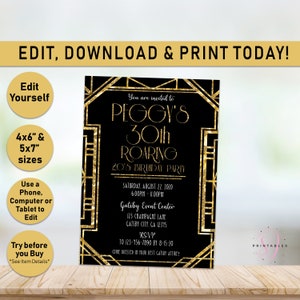 Great Gatsby invitation, Roaring Twenties Party, Roaring 20s Invite, Art Deco, Adult Birthday, Harlem Nights, Black, Gold, Editable, B20