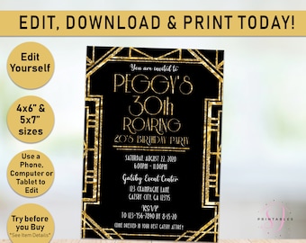 Great Gatsby invitation, Roaring Twenties Party, Roaring 20s Invite, Art Deco, Adult Birthday, Harlem Nights, Black, Gold, Editable, B20