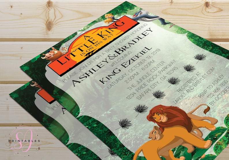May include: A green and orange baby shower invitation with a lion king theme. The invitation reads "A Little King Is On His Way" and includes the names "Ashley & Bradley" and "King Ezekiel".