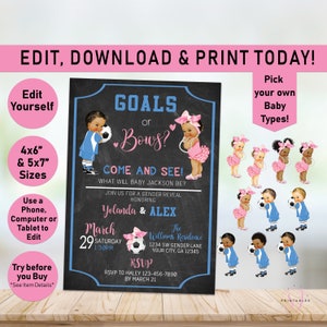 Soccer Gender Reveal invitation, Goals or Bows gender reveal party, Soccer, he or she, Girl, Boy, Pink or Blue, Baby, Afro Puffs, R15 image 1
