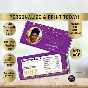 ANY AGE Royal Purple and Gold Confetti Hershey Candy Bar Wrappers, Candy Bar label, Party Favor, Birthday party Favors, Editable, B50