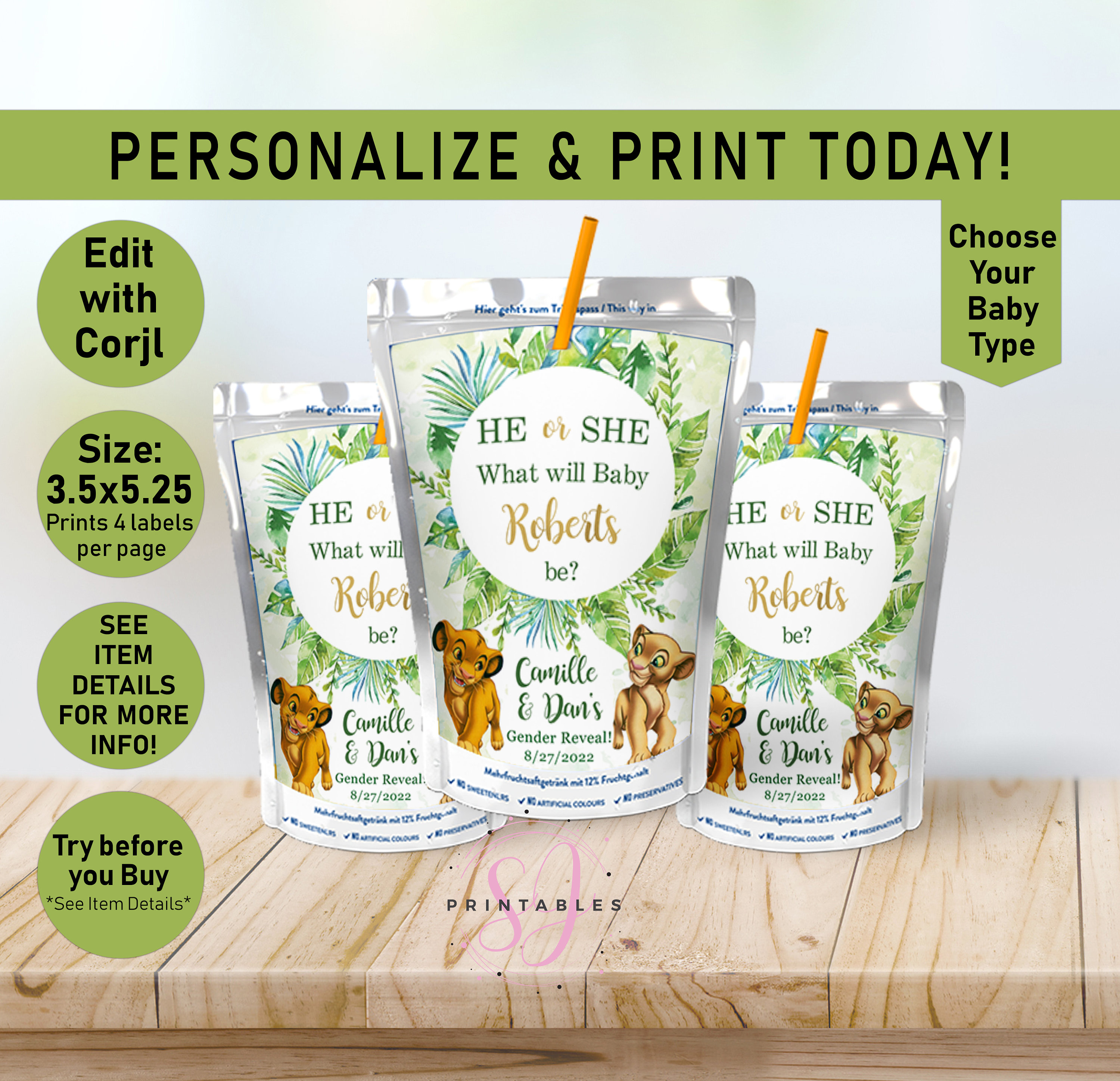 Lion King Simba Nala Juice Pouch Labels, Gender Reveal, Juice Labels ...