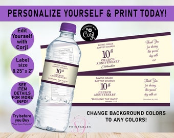 Church Anniversary ANY COLORS EDITABLE water bottle labels, Church service, Water Wrapper, Pastor, Church, Water Label Wrappers, CC7
