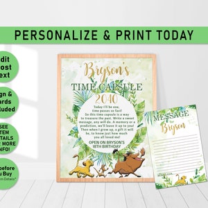 Lion King Time Capsule, Lion King Time Capsule Sign, Lion King Capsule Cards, Lion King Birthday, 1st Birthday ideas, Decor, Editable, L03