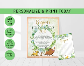 Lion King Time Capsule, Lion King Time Capsule Sign, Lion King Capsule Cards, Lion King Birthday, 1st Birthday ideas, Decor, Editable, L03