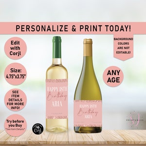 Rose Gold on Rose Gold Glitter ANY AGE Birthday Full size Wine Bottle Labels, Wine Gift Labels, Champagne, Moscato, Adult Birthday, B35