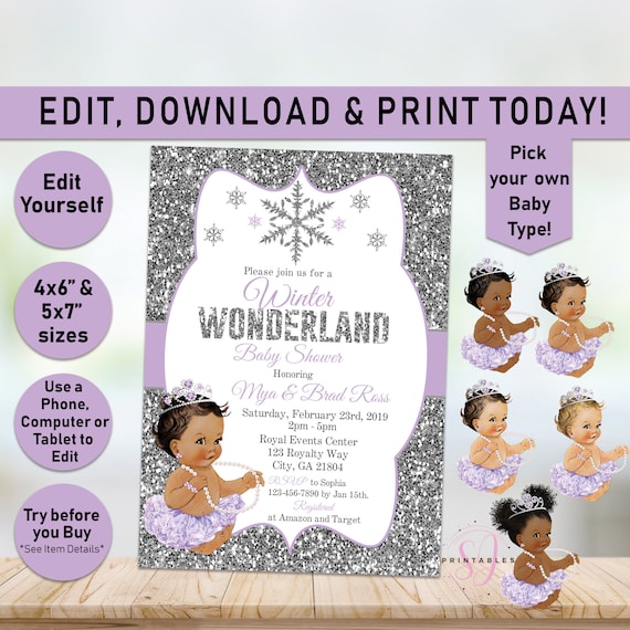 Purple WINTER WONDERLAND Baby Shower Invite, Winter Invitation Shower, Snowflake Shower, Princess, Silver, Lavender, African American, Z04