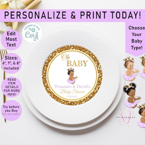 Oh Baby PURPLE and GOLD Princess Charger Plate Insert, EDITABLE Baby Shower Charger plate, 6", 7", 8" Insert, Girl baby shower, Lavender,A02