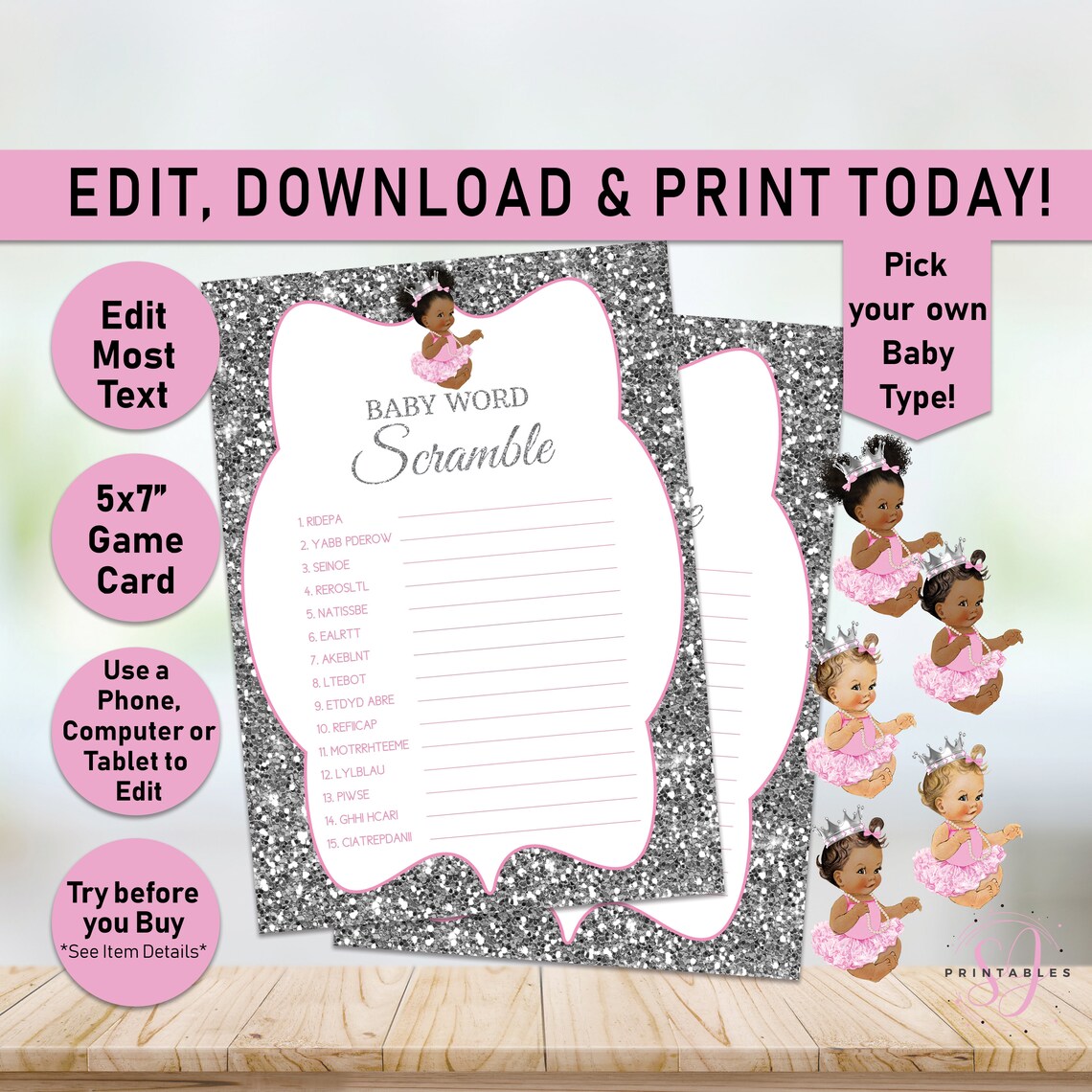 Baby Shower Word Scramble, Word Scramble Card Game, Princess Scramble ...
