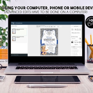May include: A laptop computer displaying a digital invitation for a baby shower. The invitation features a blue and silver snowflake design with the text "Winter Wonderland Baby Shower". The invitation is being edited using a digital design program.