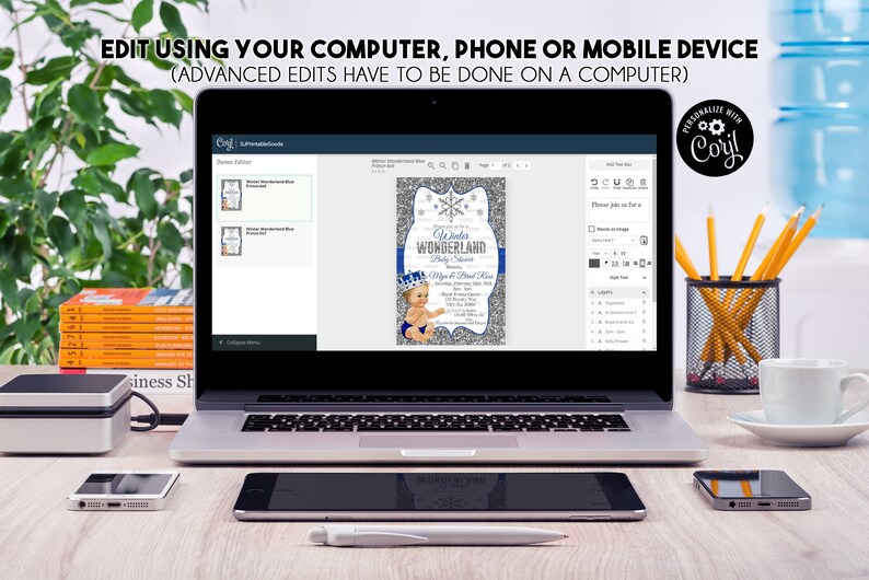 May include: A laptop computer displaying a digital invitation for a baby shower. The invitation features a blue and silver snowflake design with the text "Winter Wonderland Baby Shower". The invitation is being edited using a digital design program.