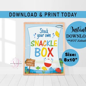 May include: A framed print with the text "Stock your own SNACKLE BOX" in colorful letters. The image includes fishing-themed graphics, a sign that says "Gone Fishing", and the text "Instant DOWNLOAD" and "Size: 8x10".