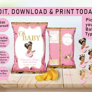Printable Chip Bags, Princess EDITABLE Chip Bag, Baby Shower, Chip bag Wrapper, Oh Baby, Pink, Gold, Afro Puffs, Girl, African American A01