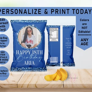 Royal Blue on Blue Glitter ANY AGE Birthday EDITABLE Birthday Chip Bag Wrapper, Favor Bags, Photo Chip Bag, Adult, Woman, Glam, Teen, B34