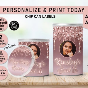 Rose Gold Drip Glitter Birthday Mini chips can label, Chip Can label, Chip Can wrapper, Birthday Party Favors, Editable, Printable, T15