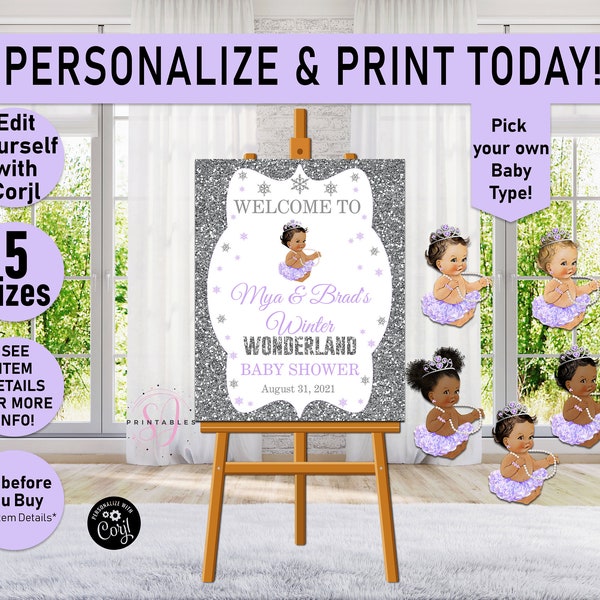 Purple WINTER WONDERLAND Welcome Baby Shower Sign, Lavender Silver, Baby Shower Sign, Welcome Poster, Little snowflake, Girl, Sign, Z04