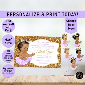 Lavender Purple and Gold Princess Flat THANK YOU Card, Princess Card, Baby Girl, Thank You, Baby Shower, Gold Glitter, Thank You Card, A02
