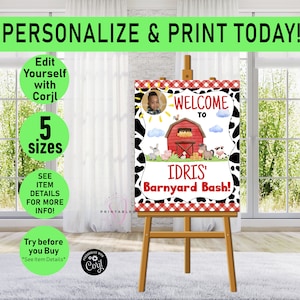 Barnyard Bash Birthday Welcome Sign, Farm Birthday Welcome Sign Poster, Farm Animals, oink cluck baa moo, Boy, Girl Birthday sign, F10