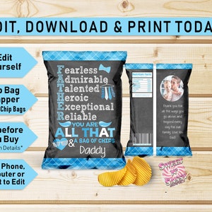 Happy FATHER&#39;S DAY Chip Bag Wrappers, Printable EDITABLE Template, Father&#39;s Day Gift Idea, Diy Fathers Day Gift, Dad Gift, Blue, Plaid, FF2