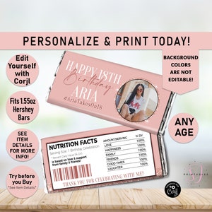 Rose Gold on Rose Gold Birthday Hershey Candy Bar Wrappers, Glitter ANY AGE Candy Bar label, Party Favor, any age, teen party, Glam, B35
