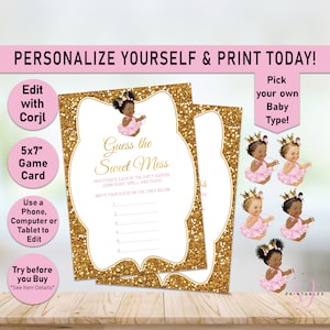 Guess The Sweet Mess Game, Candy Bar Game, Baby Shower Dirty Diaper Game, Princess, Baby Shower Games, diy, Pink, Gold, African American,A01