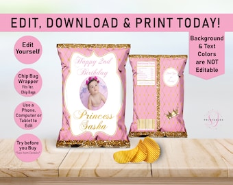 Princess BIRTHDAY Chip Bag Wrapper, Girl, Bday, Pink, Gold, Chip bag Wrapper, Birthday Chip Bag Favor, Printable, Editable, DIY, P05