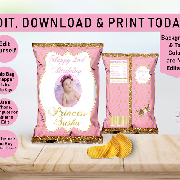Princess BIRTHDAY Chip Bag Wrapper, Girl, Bday, Pink, Gold, Chip bag Wrapper, Birthday Chip Bag Favor, Printable, Editable, DIY, P05
