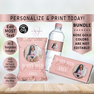 Rose Gold on Rose Gold Glitter BIRTHDAY BUNDLE, Hershey Candy Wrapper, Chip Bag Wrapper, Water Bottle Label, Birthday favors, Any Age, B35