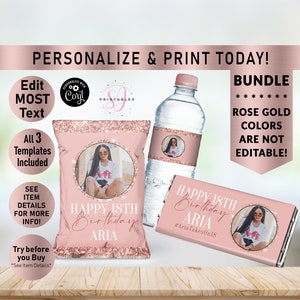 Rose Gold on Rose Gold Glitter BIRTHDAY BUNDLE, Hershey Candy Wrapper, Chip Bag Wrapper, Water Bottle Label, Birthday favors, Any Age, B35