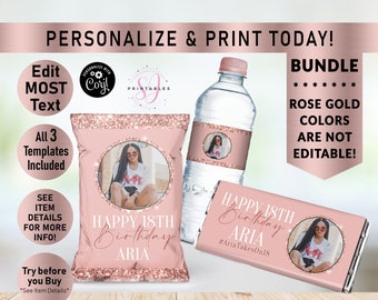 Rose Gold on Rose Gold Glitter BIRTHDAY BUNDLE, Hershey Candy Wrapper, Chip Bag Wrapper, Water Bottle Label, Birthday favors, Any Age, B35
