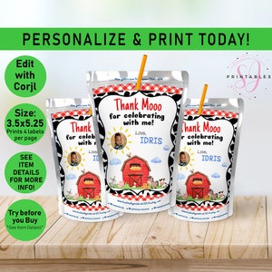 Barnyard Bash Birthday Juice Pouch Labels, Juice Labels, Farm party favors, Juice Pouch labels, Farm Animals, oink cluck baa moo, F10