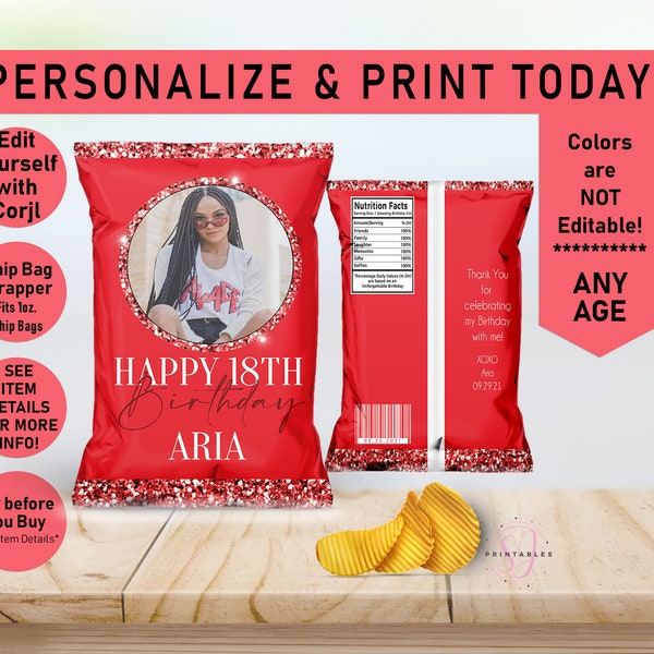 Red on Red Glitter ANY AGE Birthday EDITABLE Birthday Chip Bag Wrapper, Favor Bags, Photo Chip Bag, Adult, Woman, Sparkle, Glam, Teen, B33