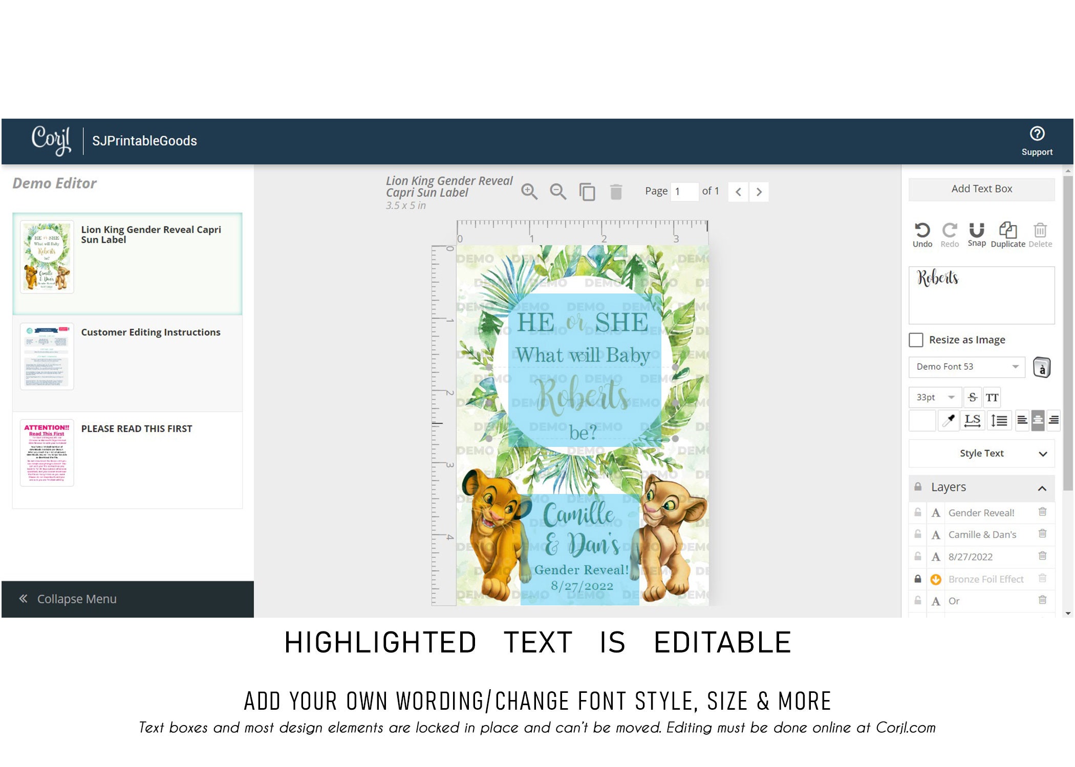 Lion King Simba Nala Juice Pouch Labels, Gender Reveal, Juice Labels ...