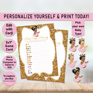 Baby Shower Game Pictionary, Pink and Gold EMOJI Pictionary Shower Game, Baby Shower Games, Printable Digital diy games, Afro Puffs, A01