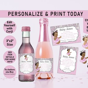 Glitter & Pearls Pink Princess EDITABLE Baby Shower Mini Wine Bottle Labels, Girl baby shower, Wine Label, Champagne, Diamonds, Glam, A11