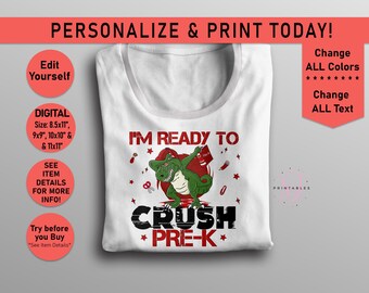 Editable Preschool Dinosaur T-Shirt Design: First Day of School DIY Transfer (Digital File)