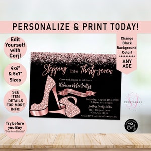 ANY AGE Rose Gold Birthday Invitation, Adult, Rose Gold, Stepping into, Adult Birthday invite, Birthday party, Rose Gold Glitter,Heels, y04