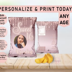 ANY AGE Rose Gold Drip Glitter Birthday Chip Bag Wrapper,Favor Bags,dripping Birthday,Photo Chip Bag,Teen, Tween, Sweet 16,Printable, T15