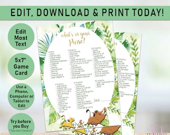 Lion King Baby Shower What's in your Purse Game, Printable Lion King Shower Games, Editable game, Instant Access, Baby SImba, Games, L01