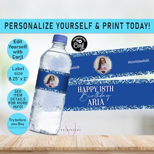 Royal Blue on Blue ANY AGE Birthday EDITABLE water bottle labels, Water Wrapper, Adult, Woman, Sparkle, Glam, Teen, Labels, Printable, B34